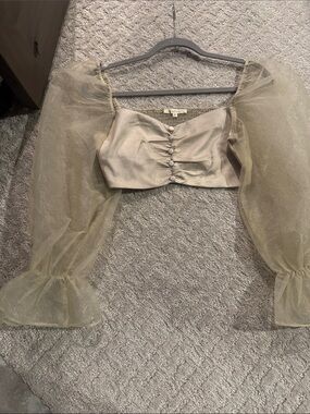 Sheer Puff-Sleeve Cropped Bustier in Pale Gold